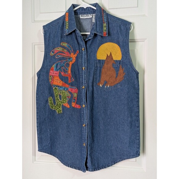 VTG Haiks Sleeveless Denim Shirt Womens Medium Embroidered Southwestern Wolf - Picture 1 of 7
